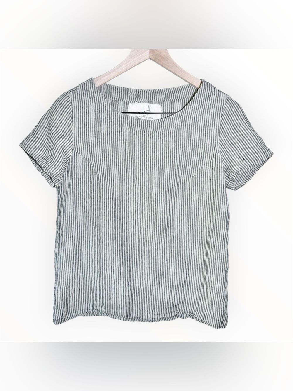 notPERFECTLINEN Striped Short-Sleeve Linen Top in Black and White